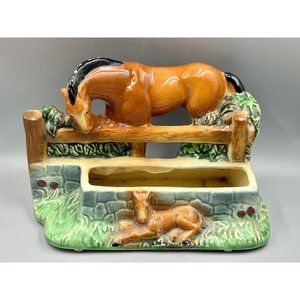 Vintage 1950's Cameron Pottery Horse w-Foal by Fence - Glazed Ceramic Planter